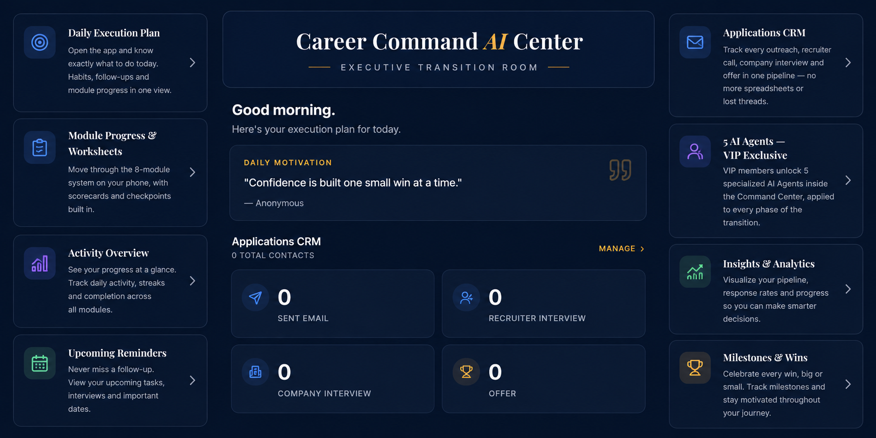 Career Command AI Center — the ETR app dashboard with daily execution plan, applications CRM, and AI agents.