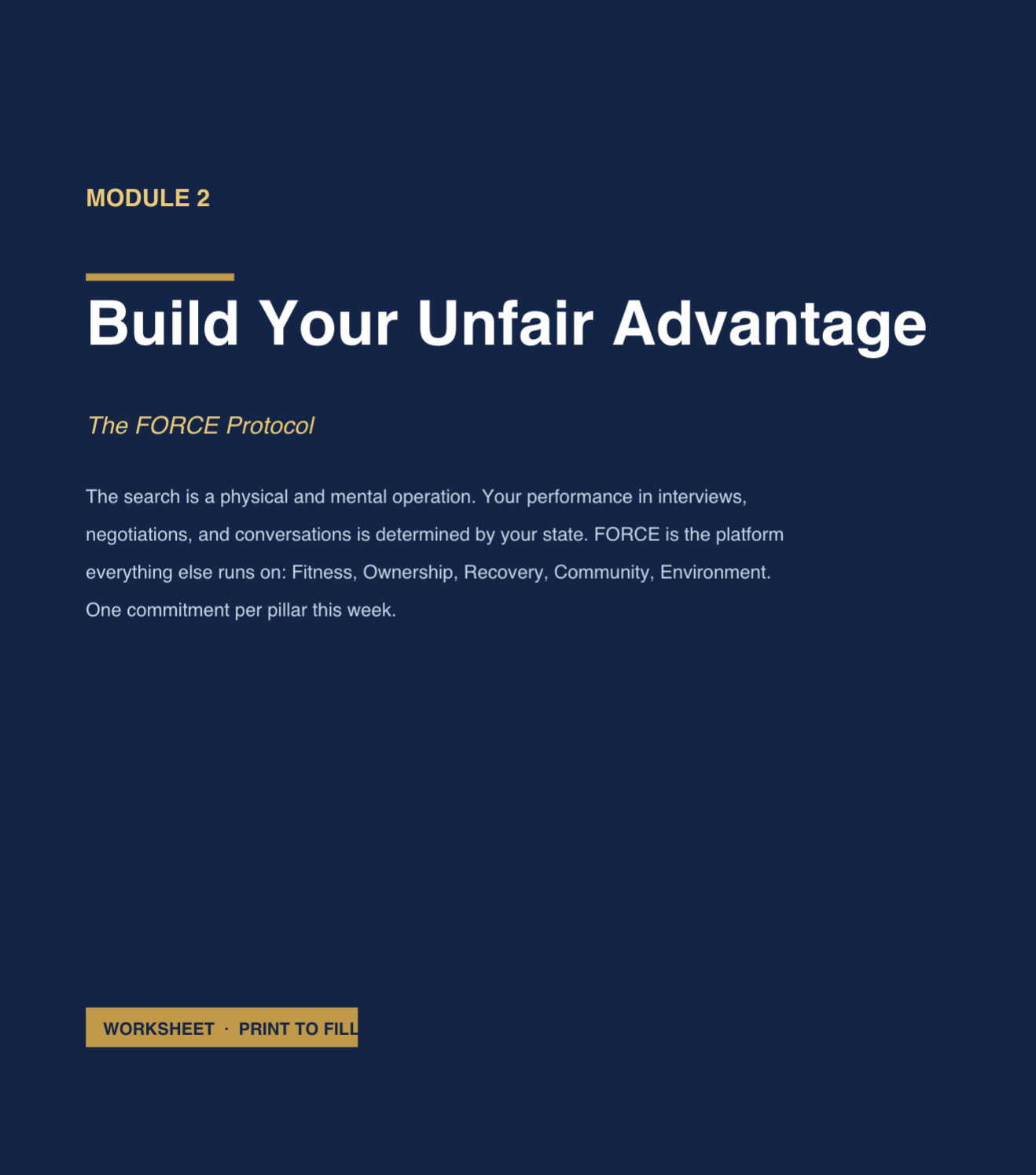 Sample worksheet cover — Module 2 Build Your Unfair Advantage